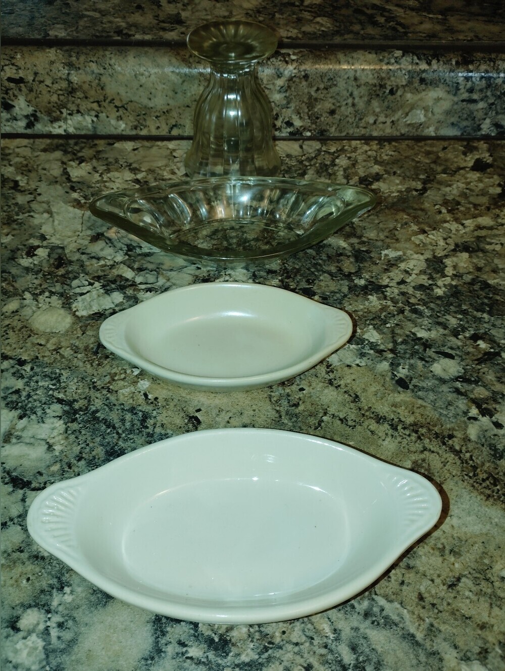 White Ceramic Oval Serving Dishes and Clear Glass Candy Dish